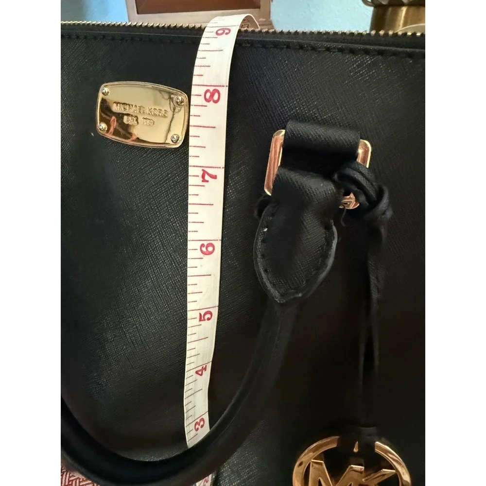 Michael Kors Black Saffiano Leather Satchel Handbag Gold Hardware MK Charm